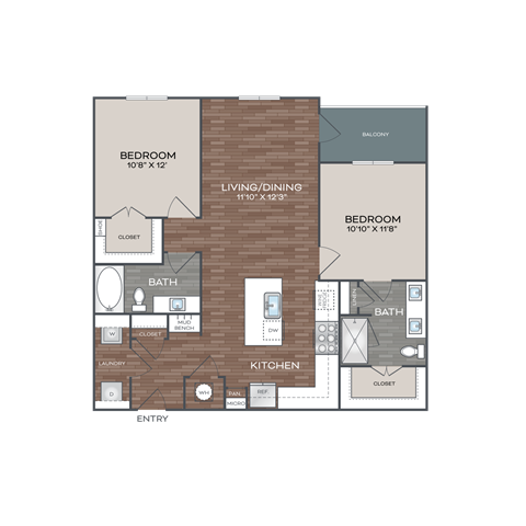 A floor plan of a house with two bedrooms, a living/dining area, a kitchen, a bath, and a laundry room.